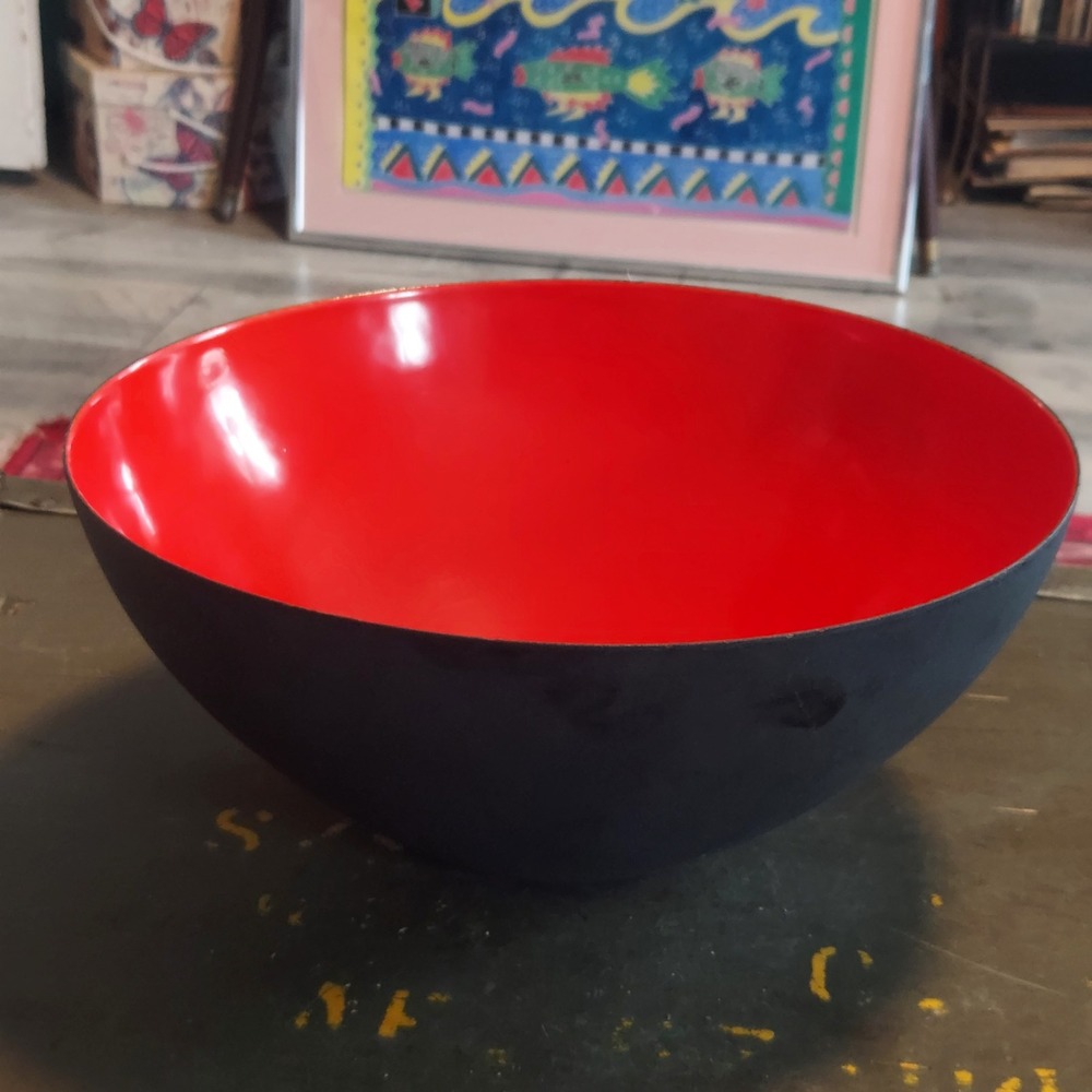 Krenit Denmark Herbert Krenchel Enamel Bowl Large 10 Inch Red Black MCM Vintage